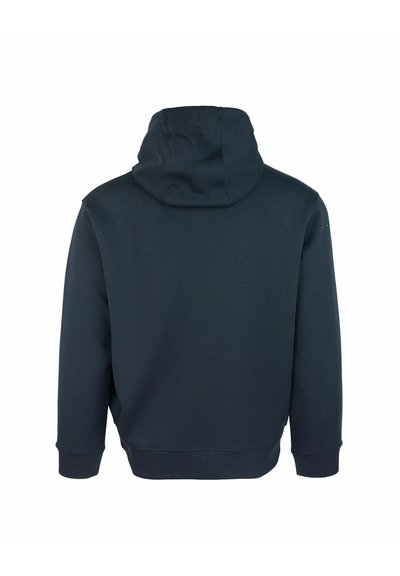 Felpa blu navy con una texture morbida, presenta un cappuccio con coulisse e polsini e orlo a costine. La vista posteriore mostra una superficie liscia senza decorazioni.