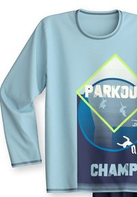 Hellblaues Langarm-T-Shirt mit einem grafischen Design, das den Text "PARKOUR CHAMPION", geometrische Formen und Silhouetten von Parkour-Bewegungen zeigt.
