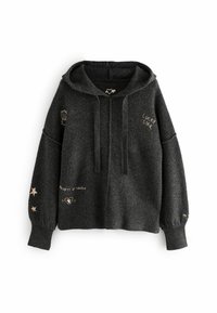 Dunkelgrauer Hoodie mit lockerer Passform, aus strukturiertem Stoff gefertigt. Mit goldener und hellrosa Stickerei, einschließlich Sterne und Schriftzug.