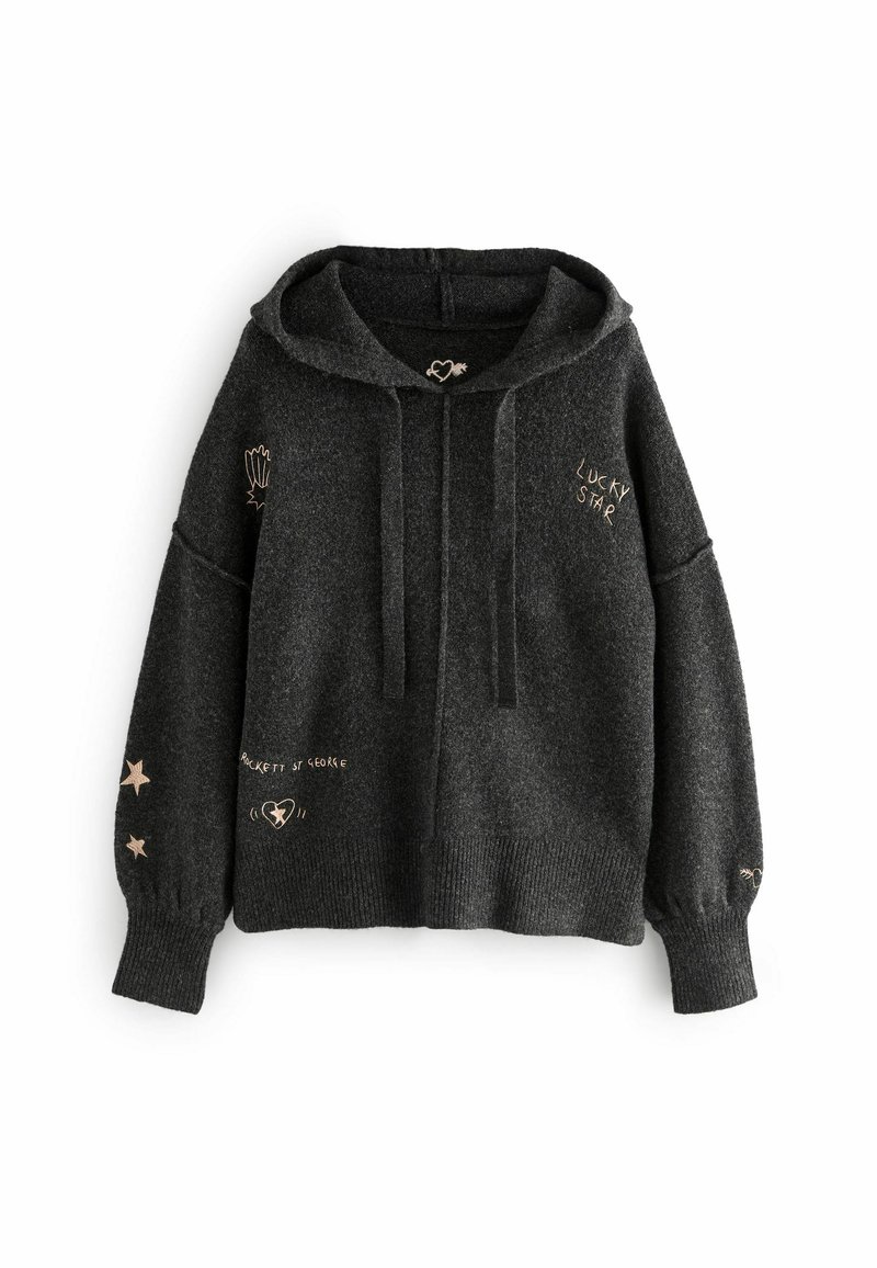 Dunkelgrauer Hoodie mit lockerer Passform, aus strukturiertem Stoff gefertigt. Mit goldener und hellrosa Stickerei, einschließlich Sterne und Schriftzug.
