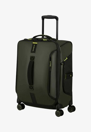 Valise souple vert foncé et noire avec quatre roues pivotantes, poignée télescopique, poignées latérale et supérieure, et plusieurs compartiments zippés.