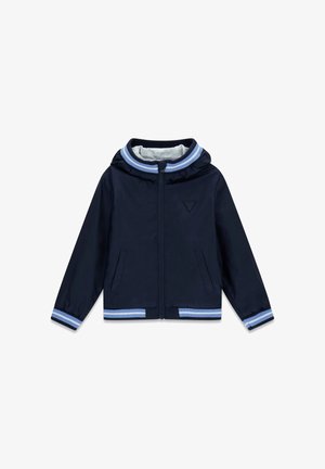 Chaqueta azul marino con capucha, con detalles acanalados en azul claro en los puños y el dobladillo, textura suave y dos bolsillos delanteros.