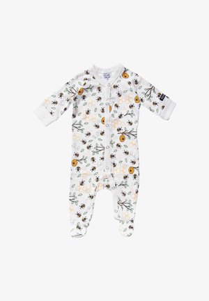 Valkoinen vauvan body, jossa painonapit ja koristeluina mehiläinen, hunajakennot, mehiläispesä ja vihreä lehti.