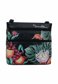 Schwarze Leder-Umhängetasche mit bunten Blumenmotiven, darunter Orchideen und Blätter, mit zwei Reißverschlusstaschen.