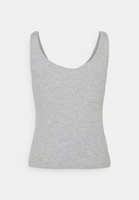 Gray tank top featuring a scoop neckline and ribbed texture, made from a soft fabric, designed to fit closely to the body.