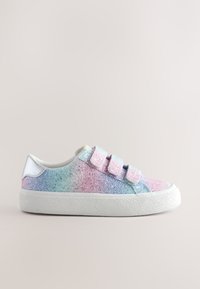 Low-top sneaker with pastel glitter gradient in pink, blue, and purple, featuring three velcro straps and a textured white sole.