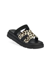 Zwarte en luipaardprint slide-sandalen met een zachte, gestructureerde bovenkant en twee brede banden. Kenmerkt zich door een dikke, geribbelde zwarte zool.