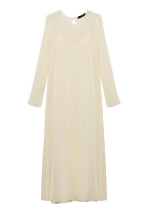 Cream long-sleeve dress with a keyhole neckline, made of lightweight fabric, featuring a flowy silhouette and subtle sheen.