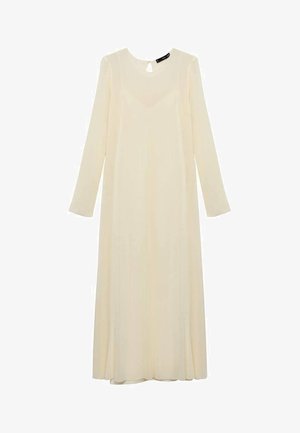 Kremna dolga obleka s ključavnico na vratu, izdelana iz lahkotnega materiala, zračna silhueta in blago sijoča struktura.