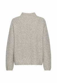 Jasnoszary sweter z dzianiny o wysokim kołnierzu, z opadającymi ramionami i teksturowanym wzorem. Posiada prążkowane mankiety i dół. Luźny krój.