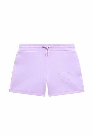 Shorts lilas en tissu doux, dotés d'une taille élastique avec cordon de serrage et d'un logo triangulaire en relief à l'avant.