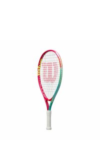 Roze en teal tennisracket met een rasterpatroon op de snaren, een gestructureerde witte grip en een logo in het midden. Lichtgewicht ontwerp.