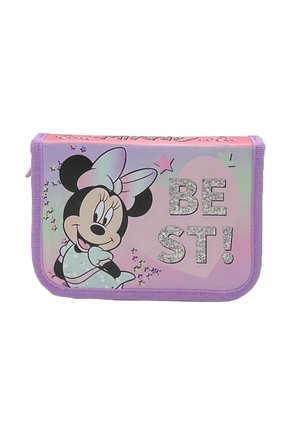 Astuccio rosa con zip che presenta un personaggio dei cartoni animati con un fiocco, testo luccicante che recita "BE ST!" e bordi viola, abbellito da stelle.