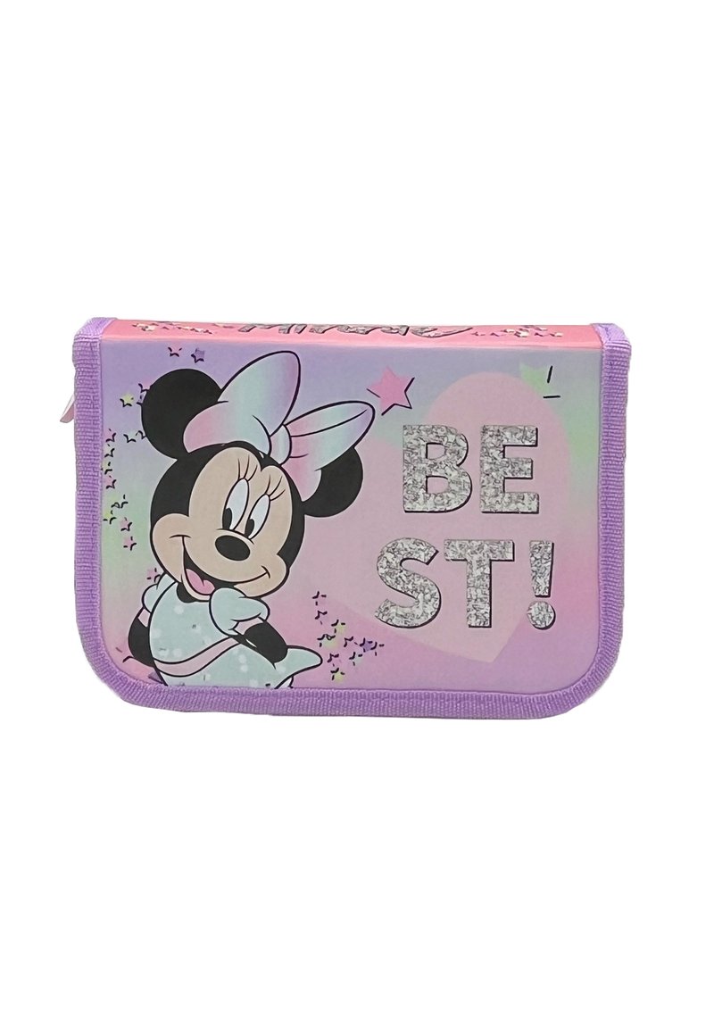 Astuccio rosa con zip che presenta un personaggio dei cartoni animati con un fiocco, testo luccicante che recita "BE ST!" e bordi viola, abbellito da stelle.