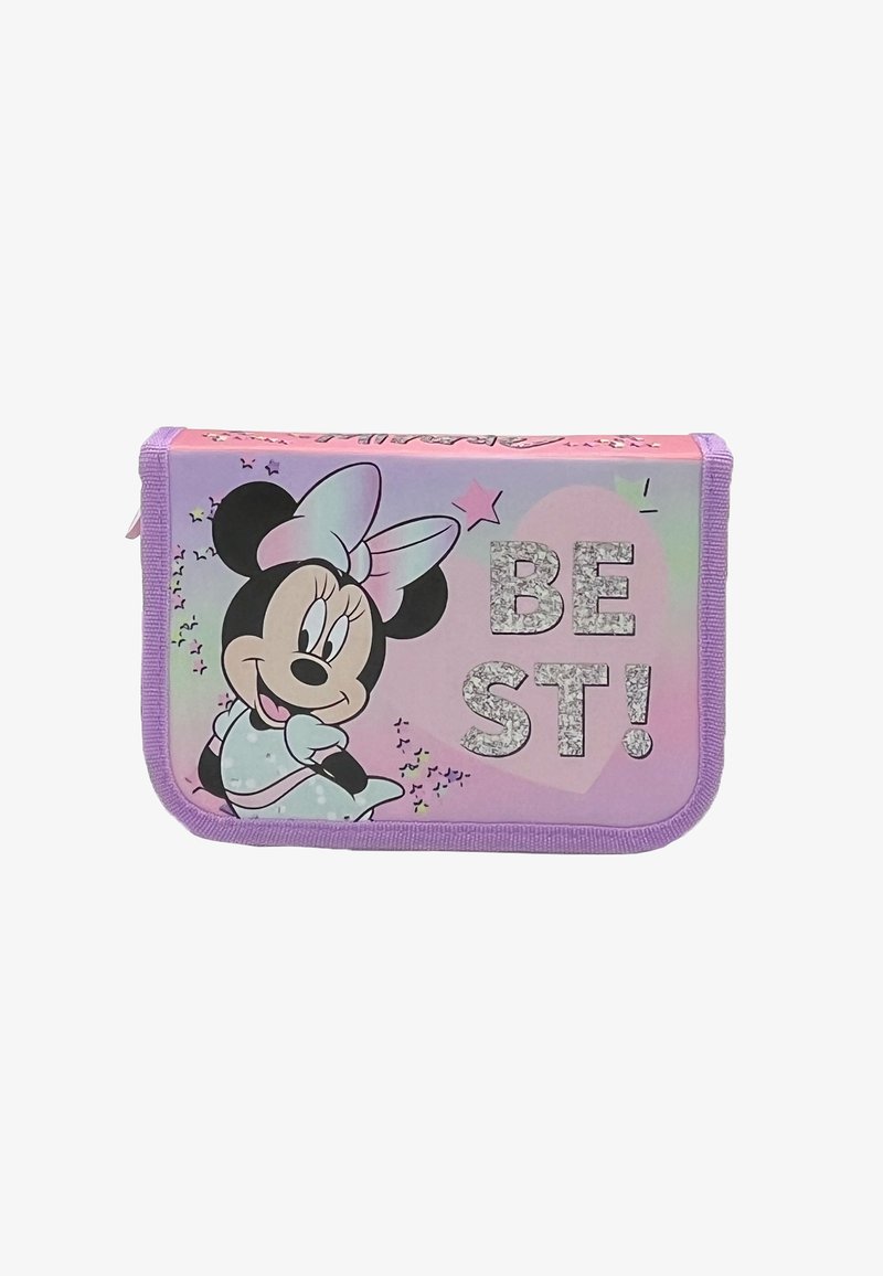 Roze met rits pennezak met een cartoonfiguur met een strik, glinsterende tekst die "BE ST!" zegt en paarse rand, verfraaid met sterren.