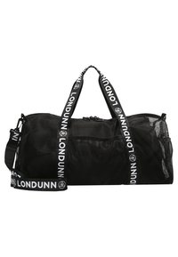 Sort mesh duffel taske med hvide remme, der har "LONDUNN" branding, lynlås lukning og en sidelomme med lynlås til ekstra opbevaring.