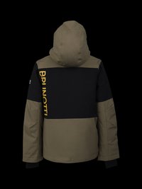 Chaqueta impermeable con paneles en caqui y negro, capucha y un logotipo impreso en la parte posterior. Tejido texturizado con un diseño aerodinámico.