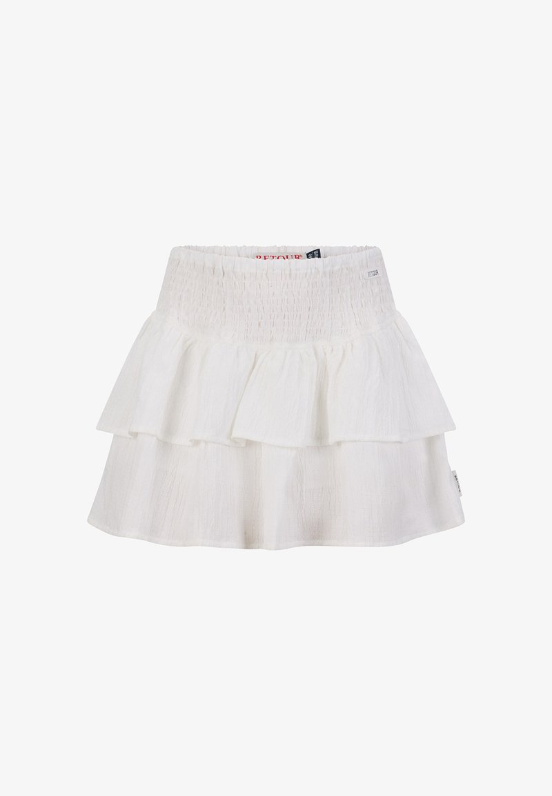 Biała mini spódnica na falbanki z marszczoną elastyczną talią i fakturowaną tkaniną, zaprojektowana na codzienny lub letni strój.