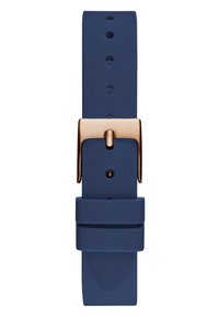 Kék szilikon óraszíj sima felülettel, aranyszínű fém csattal és több állítható furattal a méret testreszabásához.