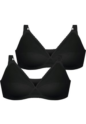 Due reggiseni wireless neri con spalline regolabili e coppe senza cuciture, esposti affiancati su uno sfondo bianco.