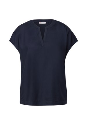 Marineblauw T-shirt met korte mouwen, gemaakt van zachte stof. Het heeft een V-hals en een losse pasvorm met iets verlaagde schouders.