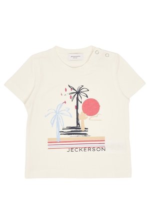 Maglietta bianca per bambini a maniche corte con grafica di palma e sole, righe rosse e beige, e testo "JECKERSON" sul davanti.