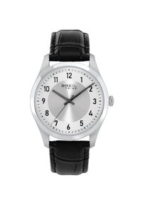 Montre ronde en acier inoxydable avec un cadran argenté, des index noirs et des aiguilles en acier. Équipée d'un bracelet en cuir noir avec une finition texturée.