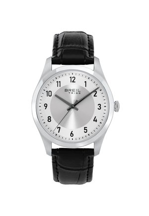 Rund armbåndsur i rustfrit stål med en sølvfarvet urskive, sorte timeindikatorer og stålvisere. Uret har et sort læderrem med struktureret overflade.