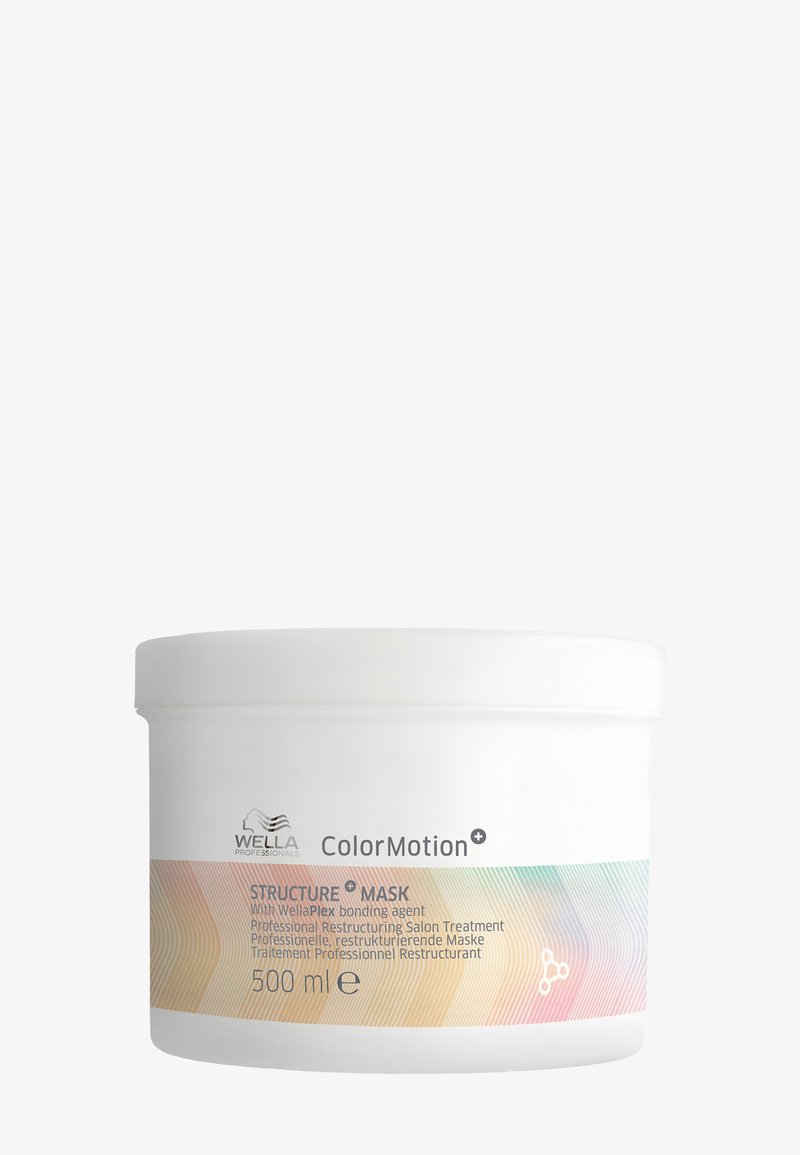 Barattolo bianco di plastica con un coperchio, caratterizzato da una fascia a gradiente pastello. L'etichetta include "Wella ColorMotion Structure Mask" e una capacità di 500 ml.