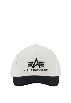 White and black baseball cap with black "Alpha Industries" logo and text on front panel.