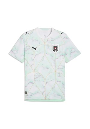Trikot der österreichischen Fußballnationalmannschaft mit hellgrünem Marmormuster, goldenen geometrischen Linien, Puma-Logo und Teamwappen auf der Brust.