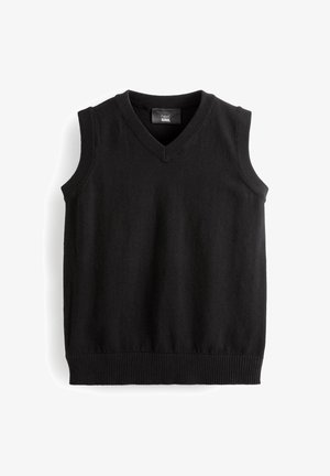 Gilet noir sans manches en tricot avec col en V et bordure côtelée, étiqueté « next SCHOOL », présenté sur un fond blanc.