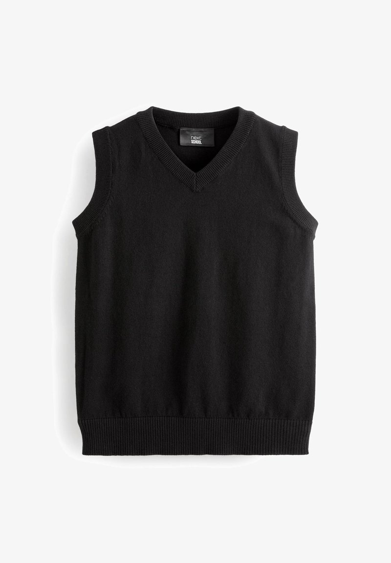 Gilet noir sans manches en tricot avec col en V et bordure côtelée, étiqueté « next SCHOOL », présenté sur un fond blanc.