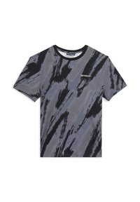 Camiseta gris de manga corta con patrón abstracto de pinceladas negras y pequeño logotipo "FREDDY" en el lado izquierdo del pecho, con ribete negro en el cuello.