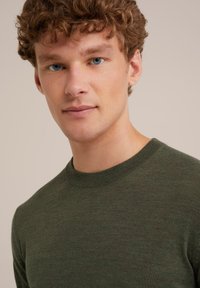 Green knit sweater with a crew neckline, featuring a smooth texture and a fitted silhouette. The model has light skin and short, curly hair.