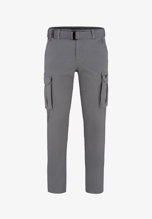 Graue Cargo-Hosen aus Baumwolle mit geradem Schnitt, ausgestattet mit zwei Seitentaschen, einem Gürtel mit rechteckiger Schnalle und umgeschlagenen Säumen.