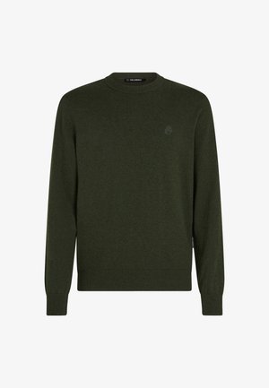 Suéter de manga larga verde oscuro con cuello redondo. Hecho de una tela suave y texturizada, presenta un logo sutil en el pecho y puños acanalados.