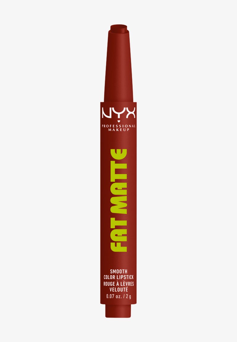Rouge à lèvres NYX Professional Makeup Fat Matte couleur mate lisse en teinte rouge foncé, poids 0,07 oz / 2 g.