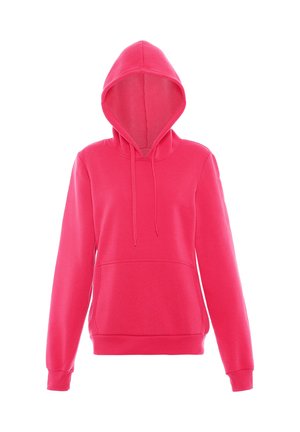 Klar pink hættetrøje med lange ærmer, front kangurulomme og snore i hætten, vist mod hvid baggrund.