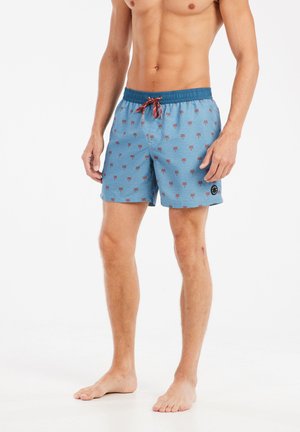 Shorts de bain bleu clair avec un motif de palmier, taille élastique et cordon de serrage. Dispose d'une petite étiquette de logo sur le côté.