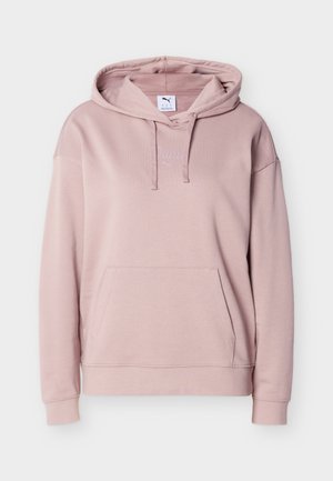 Lys rosa Puma-hettegenser med kengurulomme foran, snøring i hetten og diskret brodert logo på brystet.