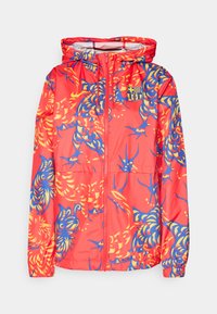 Chaqueta con capucha roja con un vibrante patrón de dragón azul y amarillo, material ligero, cierre frontal con cremallera, puños elásticos y un pequeño logo.