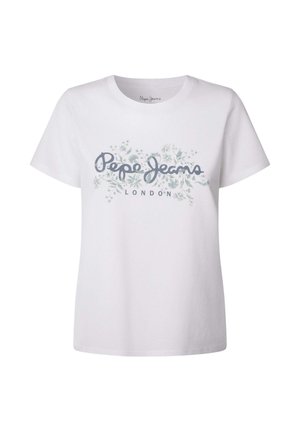 Bela bomba iz 100% bombaža z cvetličnim motivom ter besedilom "Pepe Jeans" in "LONDON" v modri barvi. Kratke rukave in okroglo ovratnik.