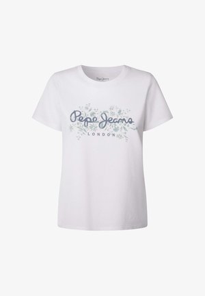Valge puuvillane T-särk, millel on lilleline graafika koos sinise tekstiga "Pepe Jeans" ja "LONDON". Lühikesed varrukad ja ümmargune kaelus.