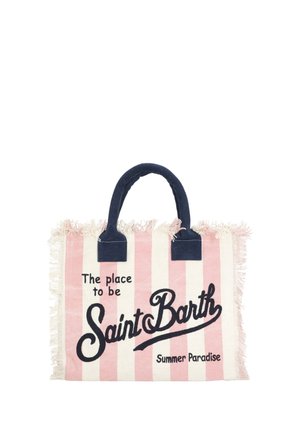 Borsa tote a righe rosa e bianco con manici blu scuro, bordi sfrangiati e testo "The place to be Saint Barth Summer Paradise" sul davanti.