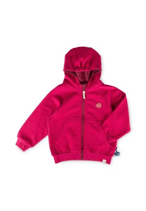 Rote Kapuzenjacke mit Reißverschluss und Fronttaschen, elastischen Bündchen, für Kinder entworfen.