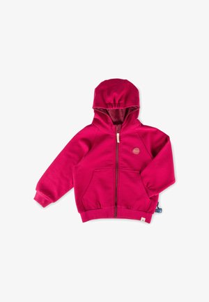 Rote Kapuzenjacke mit Reißverschluss und Fronttaschen, elastischen Bündchen, für Kinder entworfen.