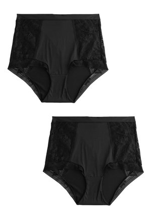Dve čierne nohavičky s vysokým pásom, zdobené kvetinovou krajkou a sieťovinovým lemom, zobrazené na bielom pozadí.