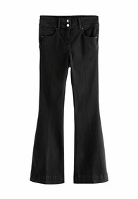 Zwarte flaired jeans van denim, met een hoge taille, voorszakken en twee zilveren knopen bij de tailleband. Soepele textuur.