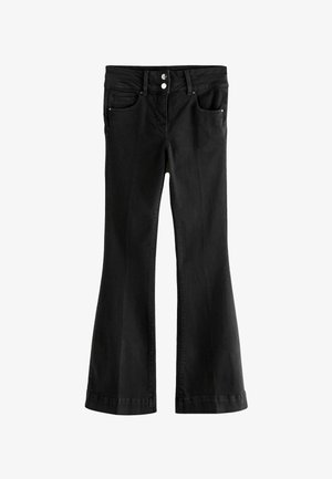 Musta leveälahkeinen farkut, jotka on valmistettu denimistä. Niissä on korkea vyötärö, etutaskut ja kaksi hopeista nappia vyötäröllä. Sileä pinta.